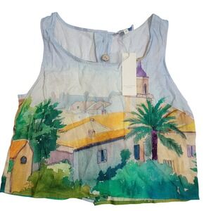 Calypso St. Barth Linen Blend Watercolor Scenic Village Crop Tank Top Med NEW
